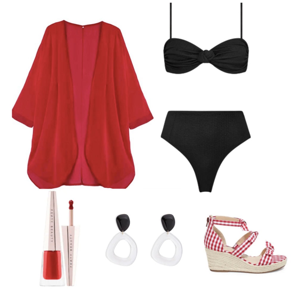 60s fashion - bikini outfit with retro bathing suit, cover-up, mod earrings, and espadrilles