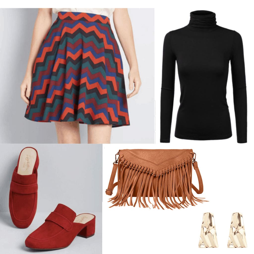 60 fashion: Outfit with patterned skirt, turtleneck, fringe bag, earrings, and suede loafers