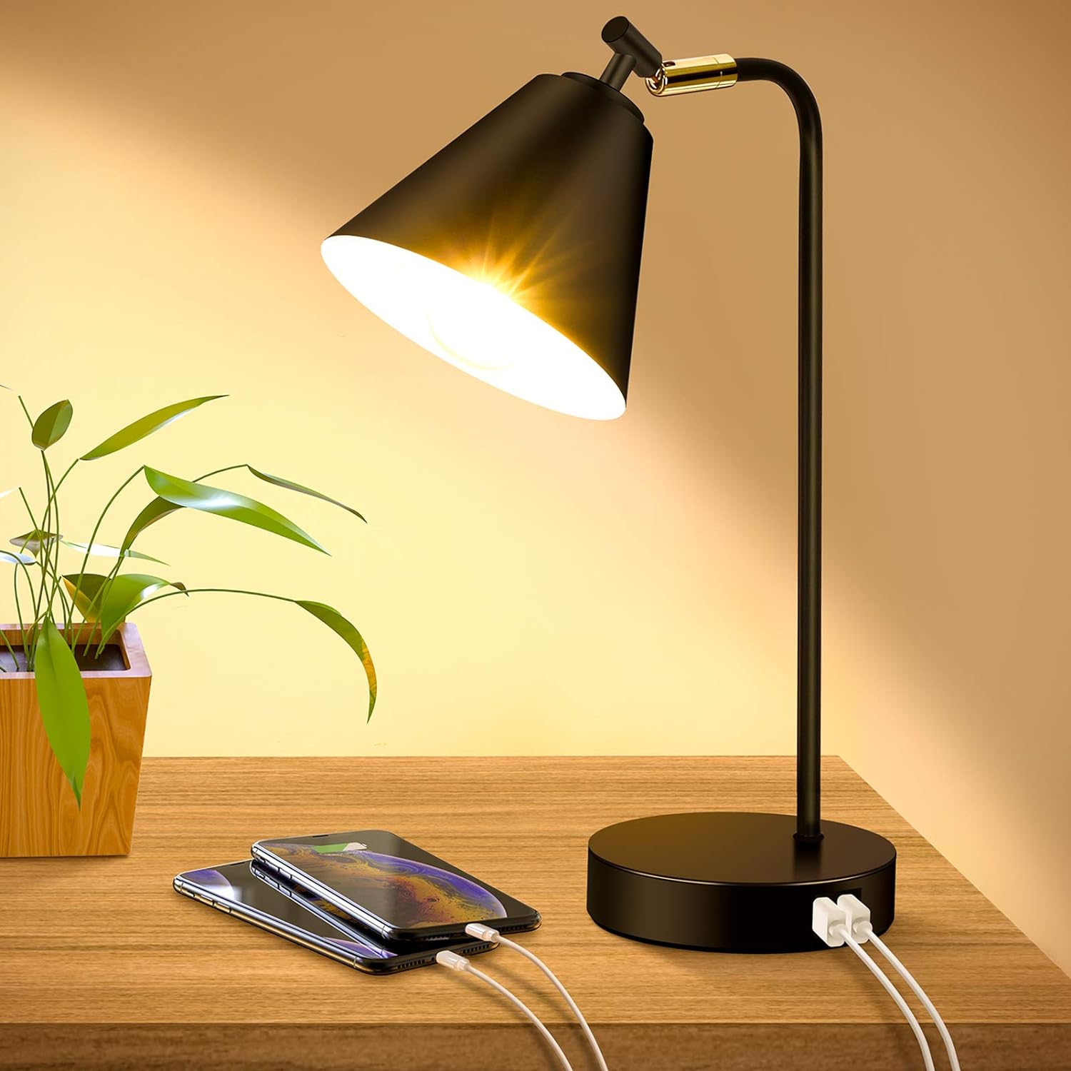 Gold desk lamp with charging port