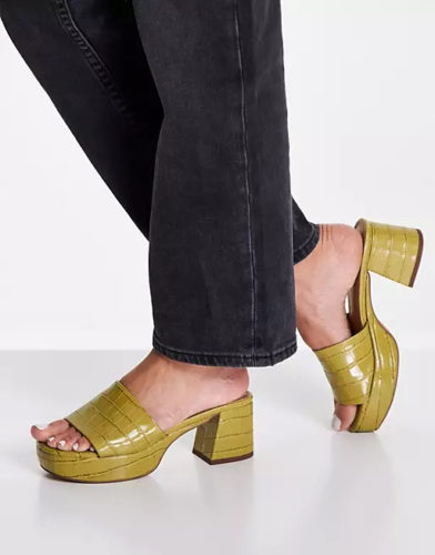 70s style clothing: Asos Platform Mules in mustard crocodile