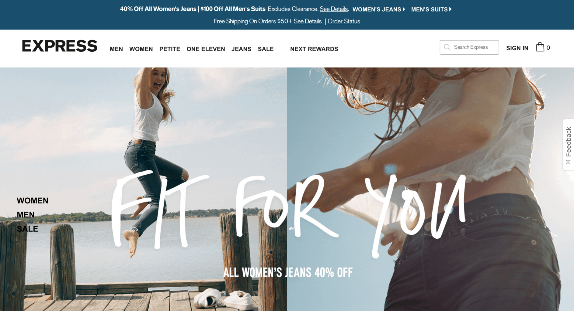 Best affordable fashion and clothing stores: Express (screenshot of Express website) - cheap online clothing stores