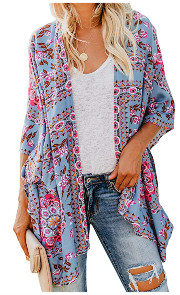 boho outfit ideas - Pink and blue printed kimono style wrap/cardigan