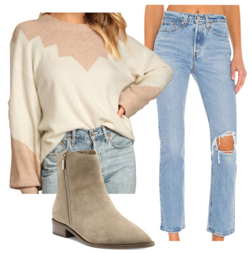 Casual outfit with a sweater: Ripped mom jeans, low heel suede ankle booties, printed sweater