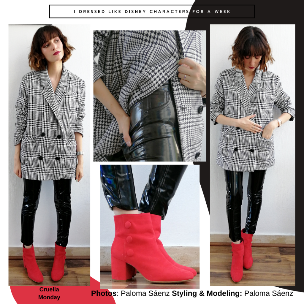 Cruella de Vil inspired outfit: oversized plaid blazer jacket, pvc leggings, red chunky heeled booties