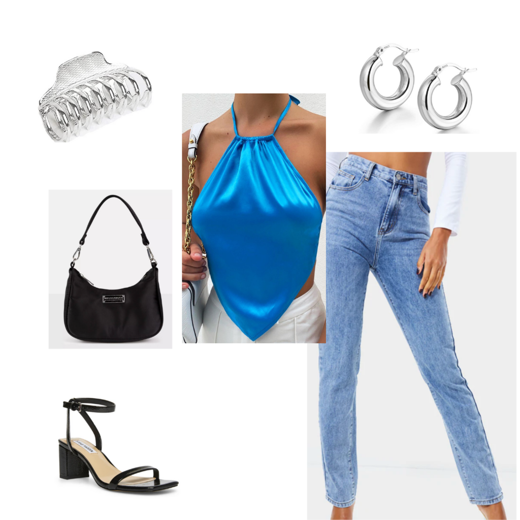 Cute date night outfit #1: Mom jeans, halter neck crop top, mini shoulder bag, claw clip, hoop earrings