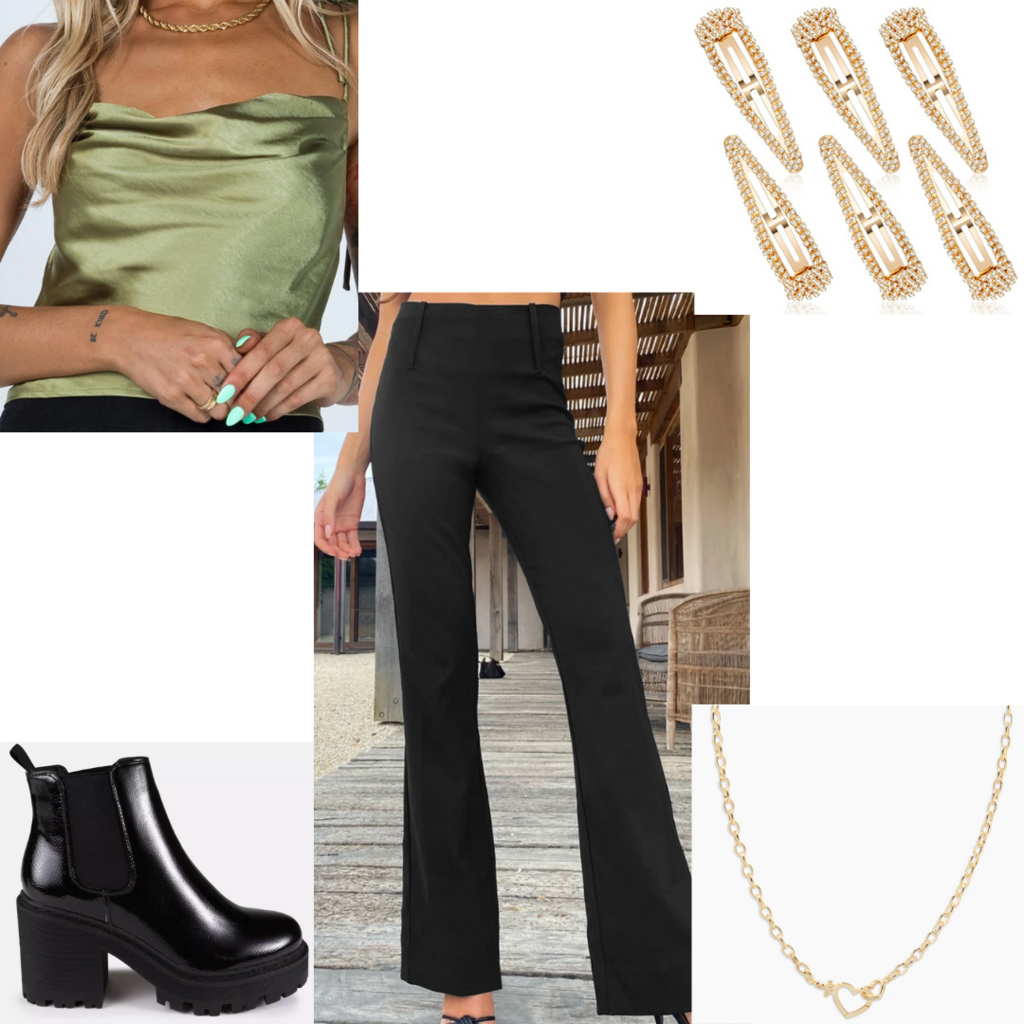 Casual and cute date night outfit with black flared pants, satin cami top, hair clips, chunky boots, mini chain necklace