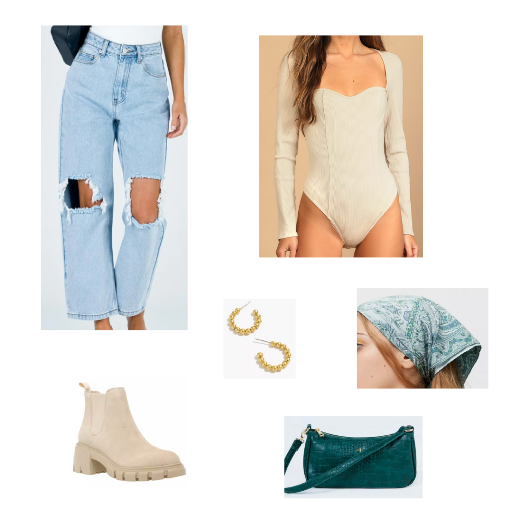 Cute outfit with distressed mom jeans, beige long sleeved bodysuit, beige chunky heel boots, teal mini purse, gold hoops, teal bandana