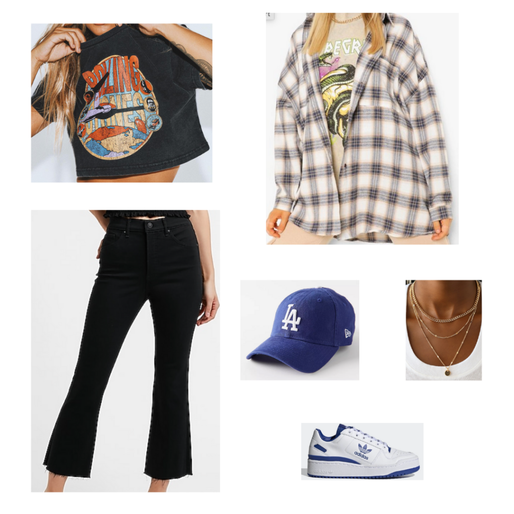 Cute outfits with jeans: Outfit idea with black cropped flare jeans, cropped band tee, oversized plaid shacket, LA dodgers baseball cap, white and blue adidas sneakers, layered gold necklaces