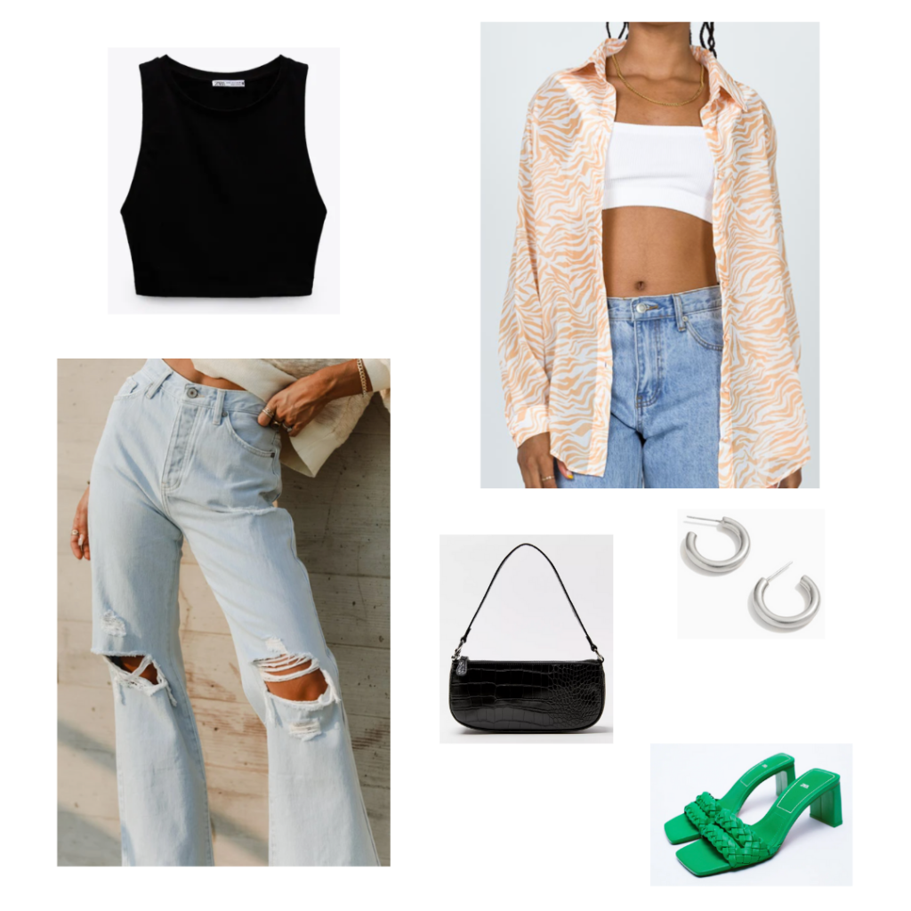 Cute outfit with light wash ripped wide leg jeans, black crop top, oversized orange and white button-down shirt, black mini bag, hoop earrings, green square toe woven slide heels