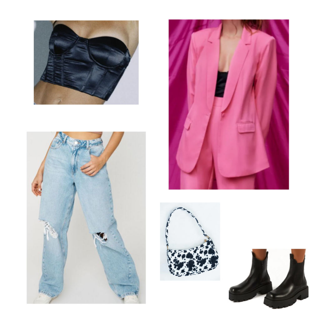 Wide leg jeans outfit with light wash ripped wide leg jeans, black satin bustier crop top, oversized pink blazer, cow print bag, chunky black boots 