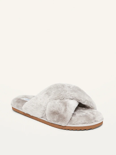 Cheap gift ideas for friends -- fuzzy slippers from Old Navy in light gray