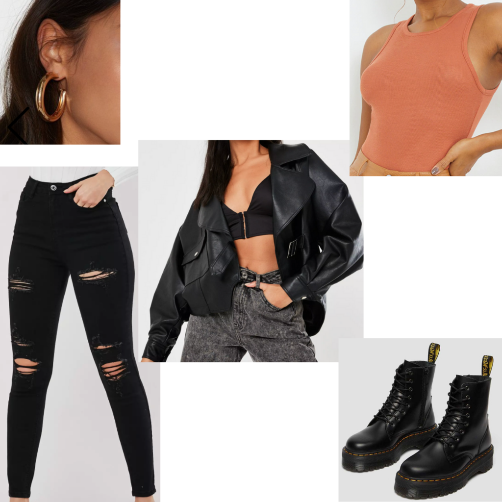 Grunge Doc Martens outfit with ripped black jeans, black leather jacket, bodysuit, gold hoop earrings