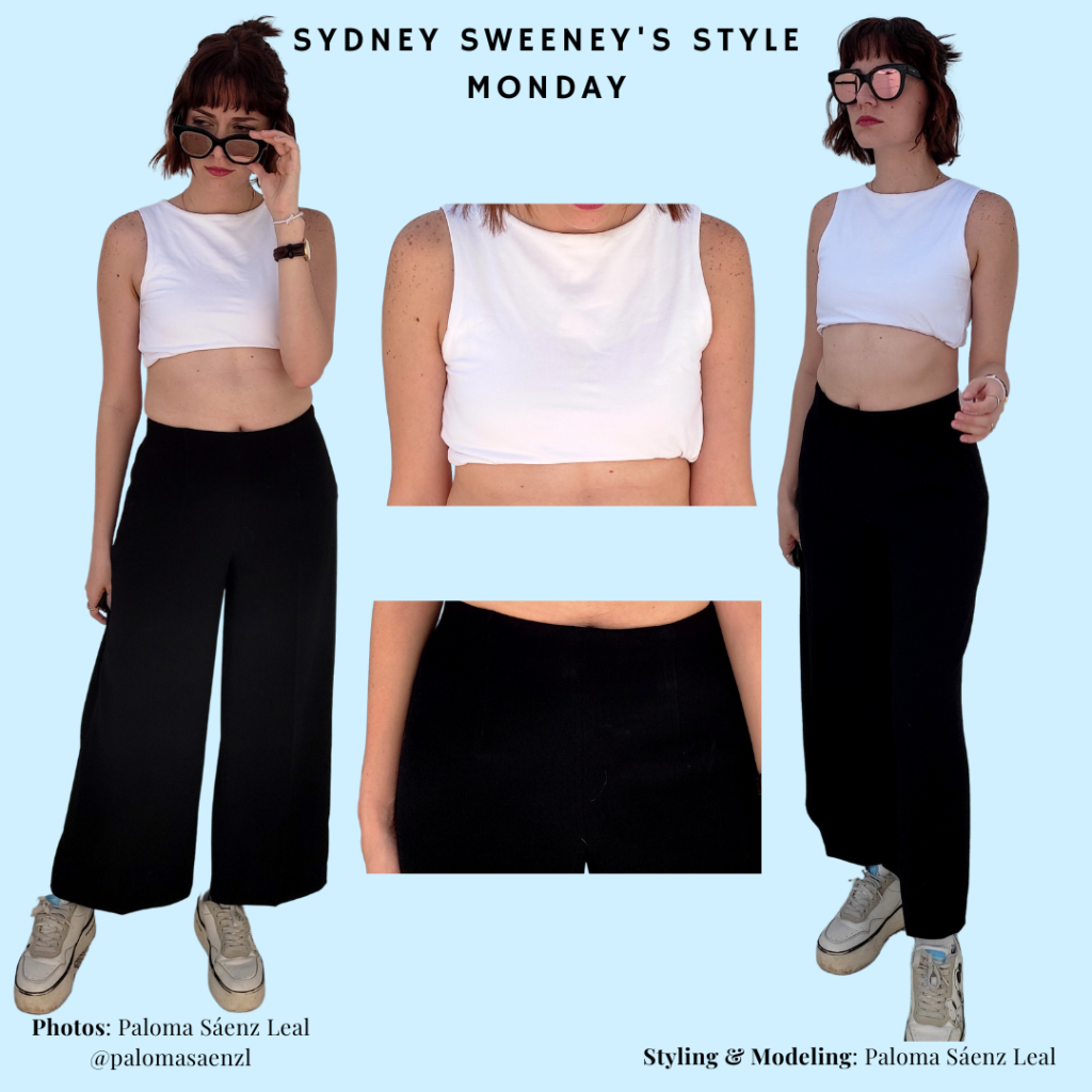 Sydney Sweeney Outfit Recreation, White crop top, black wide leg pants, platfrom sneakers