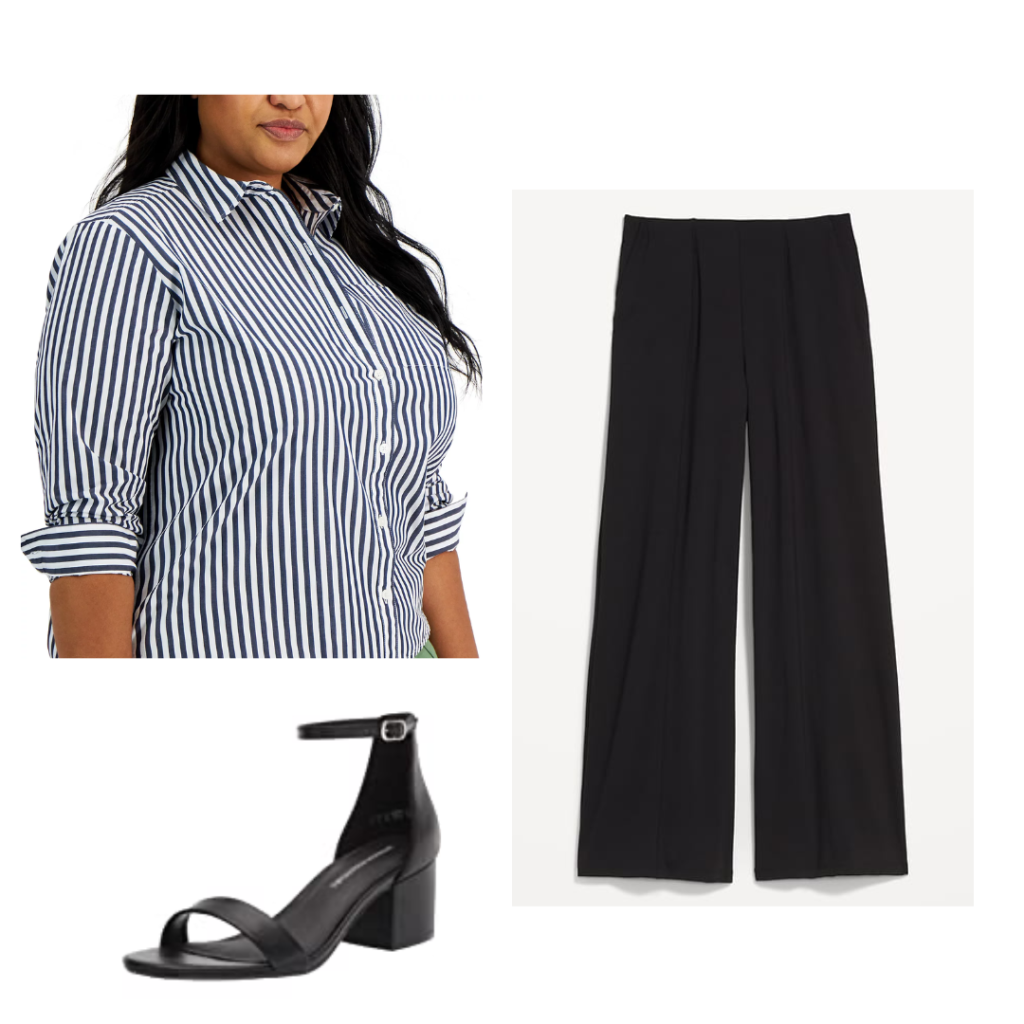 A striped button up shirt, black wide leg pants and black strap heels.