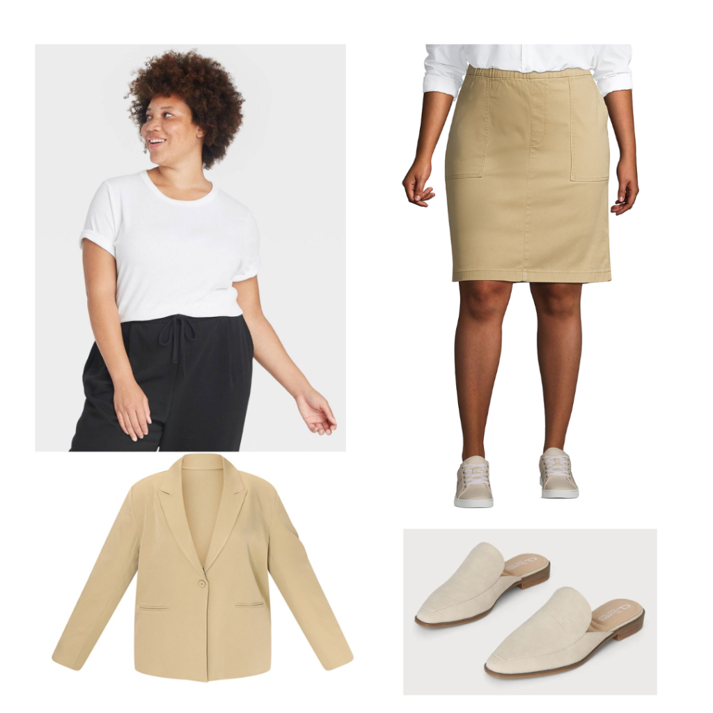 A white t-shirt, a khaki skort, a sage green blazer and tan mules.