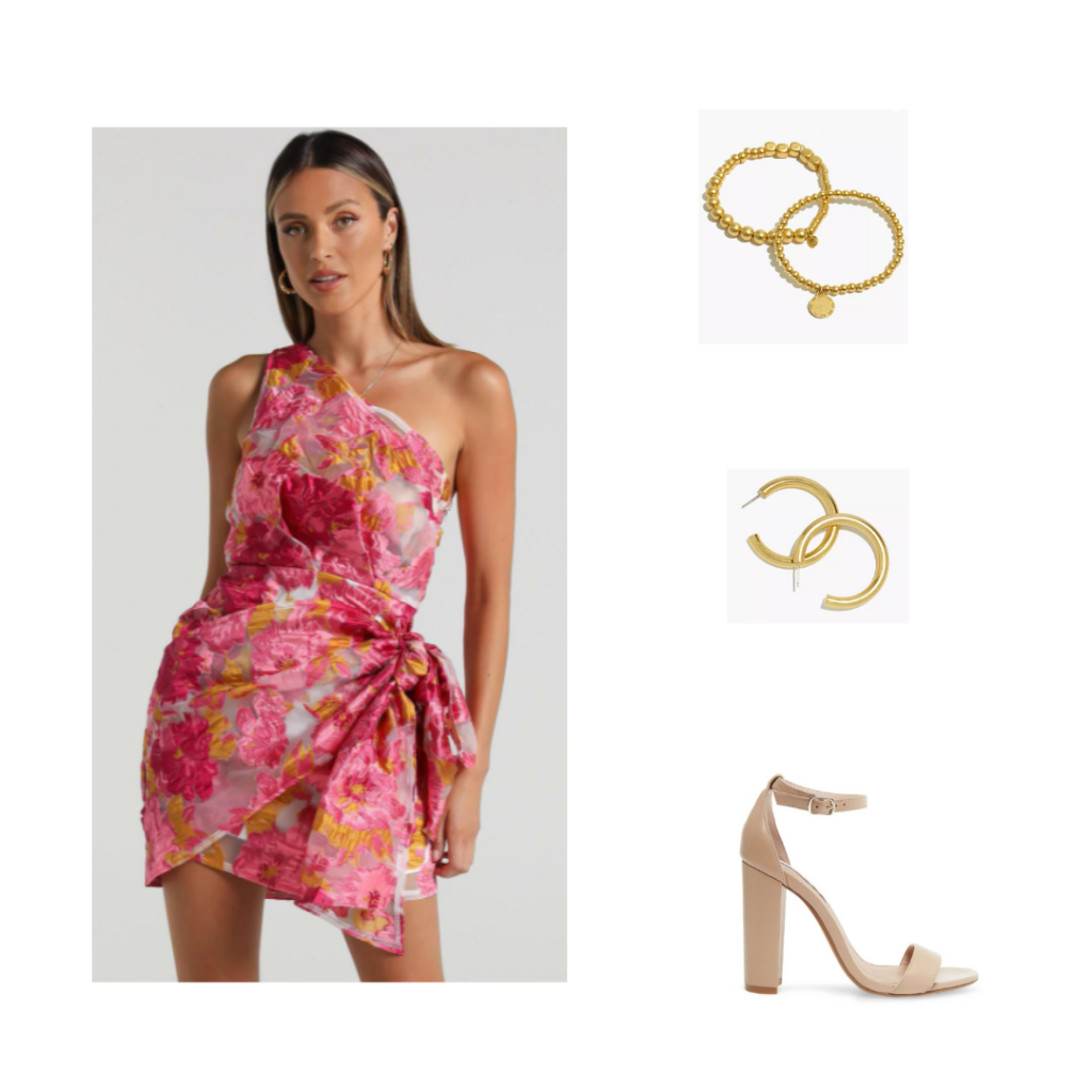 Sorority Rush Outfit for Preference Round - one shoulder pink wrap dress, gold jewelry, nude chunky heels