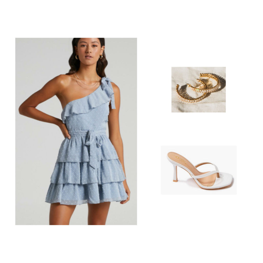 Outfit for Preference Round - one-shoulder ruffled baby blue dress, white heels, gold hoop earrings