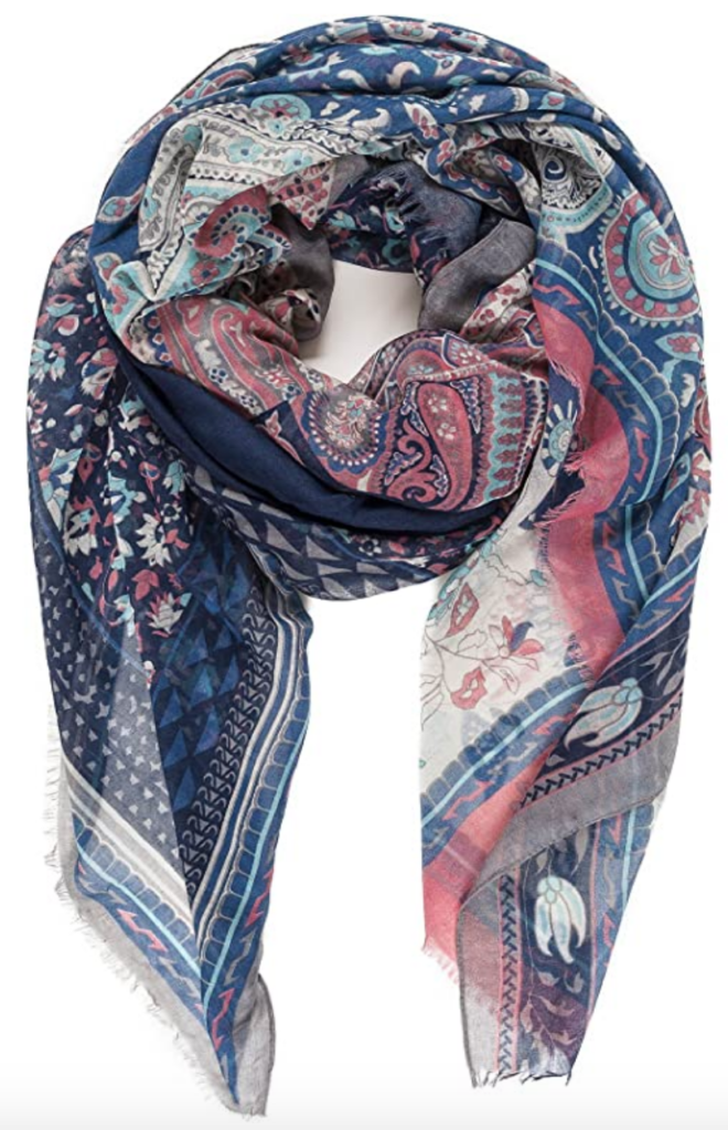 boho outfit ideas - Pink, blue, and teal floral patterned scarf