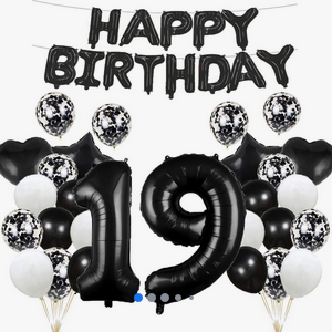 Black and silver 19th birthday balloons from Amazon