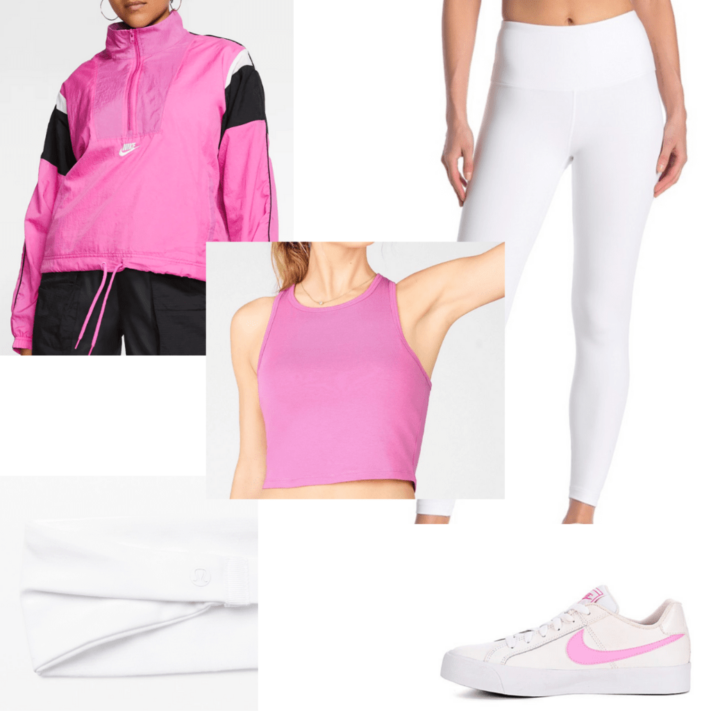 Pink sporty outfit with accessories for college classes -- white leggings, pink crop top, sneakers, zip hoodie