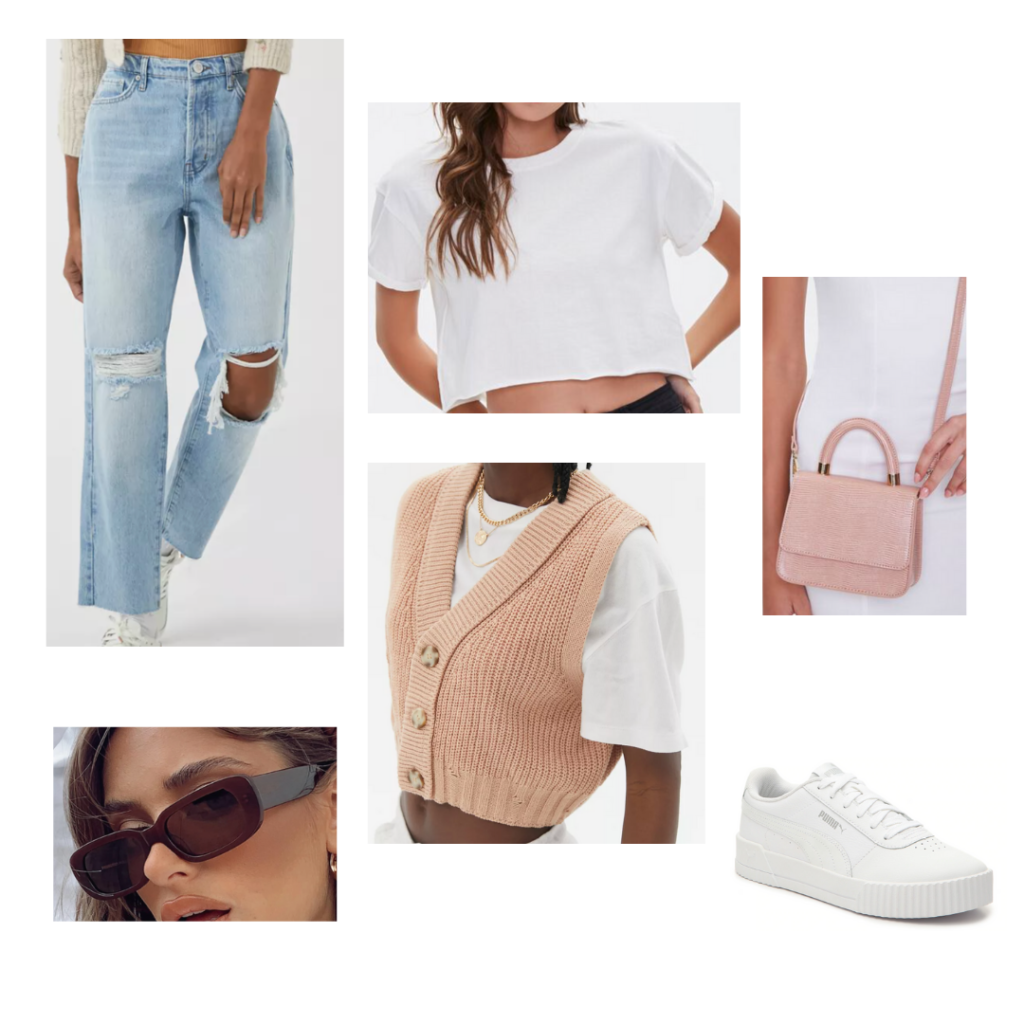 Sweater Vest Outfit 4: Blush button-up sweater vest, white cropped tee, distressed boyfriend denim jeans, small pink crossbody bag, white sneakers