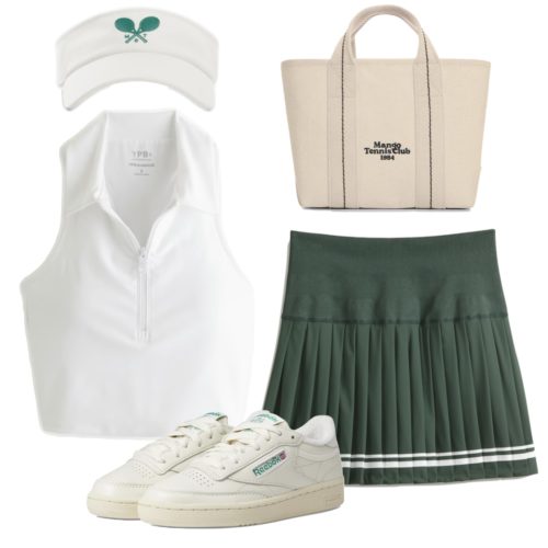 Tennis Core Outfit 2 with a pleated skort, visor, sneakers and a polo top