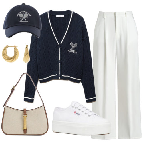 Tennis Core Outfit 3 with a cardigan and white pants