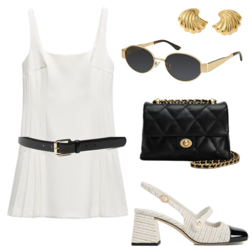 Tennis Core Outfit 4 with a white pleated mini dress, quilted handbag and slingback pumps 