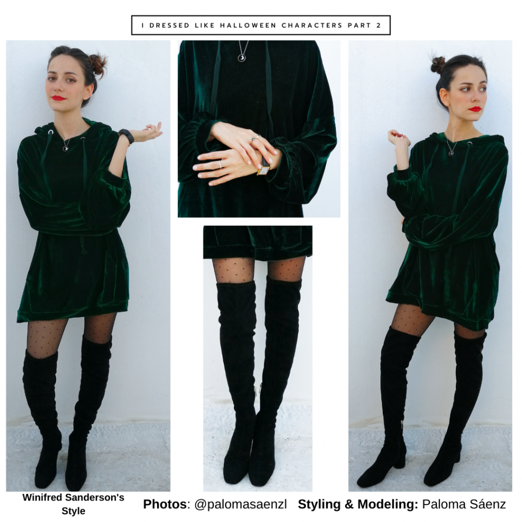 Winifred Sanderson inspired outfit with green velvet hoodie dress, patterned tights, over-the-knee boots